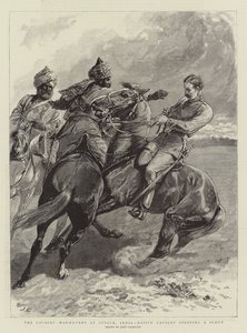 De cavalerie manoeuvres bij Attock, India, inheemse cavalerie stopt een verkenner
